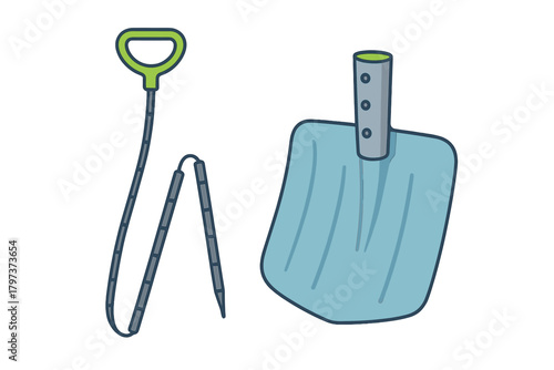 Disassembled avalanche safety gear set featuring shovel, handle, and rescue probe