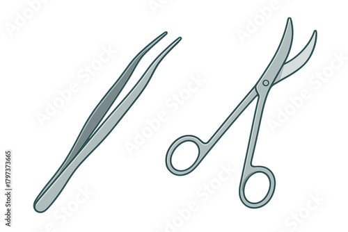 Curved surgical scissors and precision medical forceps used for healthcare procedures