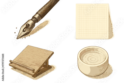 Vintage drafting and calligraphy setup with dip pen, gridded paper, wooden easel, and water pot