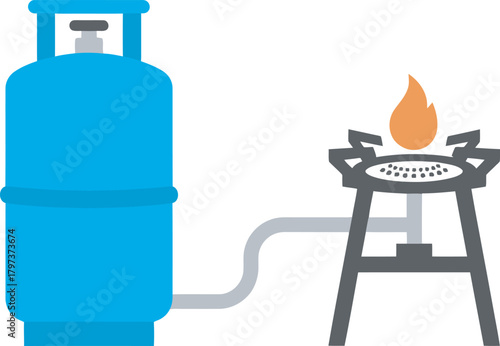 Illustration of a blue gas cylinder connected to a lit gas stove burner, isolated on white.