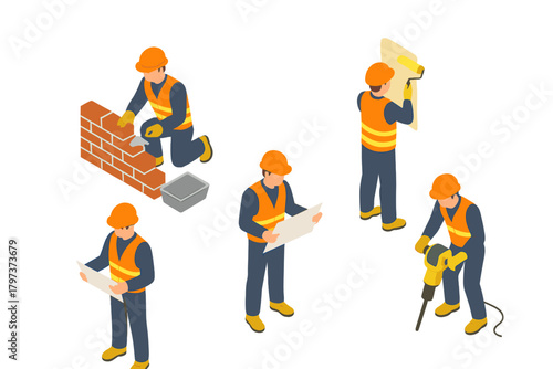 Professional construction workers performing building, renovation, and repair tasks in isometric style