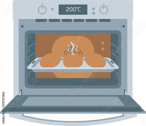 Oven with open door, baking bread rolls. The oven is set to 200 degrees Celsius.