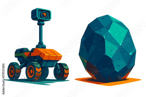Modern autonomous space rover examining a massive faceted geological formation