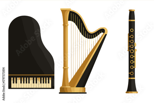 Luxury black and gold musical instruments set isolated on white background