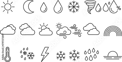 Vector line icons illustrating natural weather phenomena, including rain, snow, wind gusts, lightning, temperature readings, and diverse conditions for a climate app.