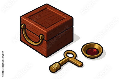 Isometric wooden treasure box, golden handle, small key, and precious red ruby gem isolated