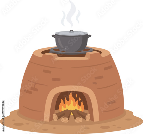 A cartoon illustration of a brick oven with a pot cooking over a fire.