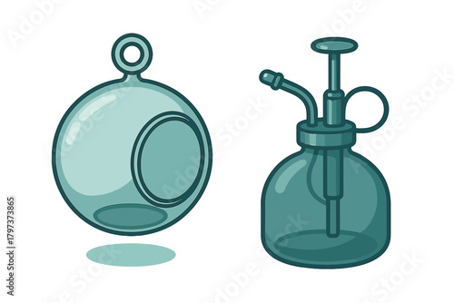 Hanging glass terrarium sphere and vintage mister spray bottle for indoor plants