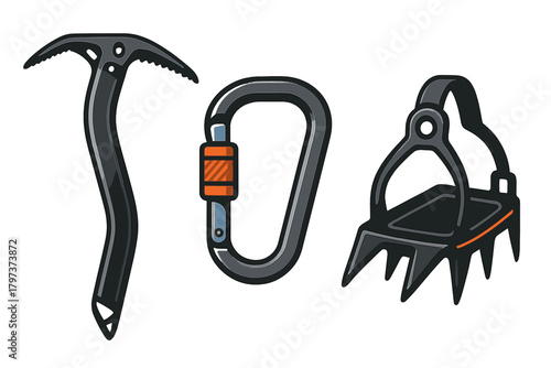 Essential safety equipment for mountain climbing and ice hiking: ice axe, carabiner, and crampons
