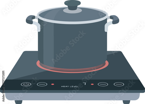 A gray pot with lid sits on a black induction cooktop, which is turned on.