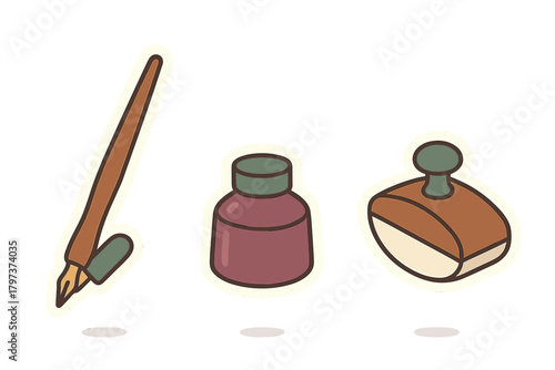 Classic writing instruments set featuring a dip pen, ink bottle, and blotter