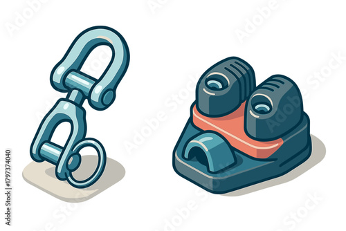 Nautical rigging hardware featuring a metal swivel shackle and marine cleat
