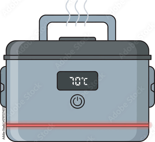 A gray slow cooker with a digital display showing 70 degrees Celsius, with steam rising.