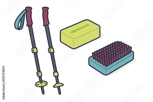 Adjustable trekking poles, wax block, and cleaning brush for winter sports gear maintenance