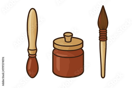 Artistic tools collection with two paint brushes and a sealed container of brown color pigment