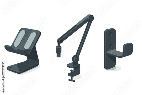 Modern dark gray accessories set including phone stand, adjustable boom arm mount, and wall hook
