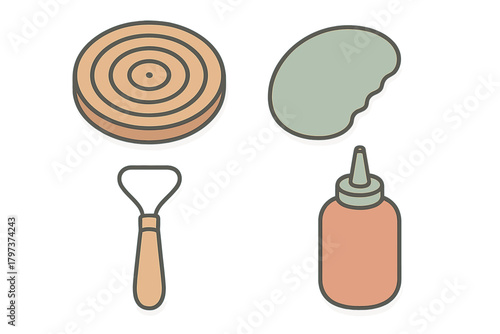 Stylized icons set featuring wood coaster, art palette, bottle opener, and squeeze bottle