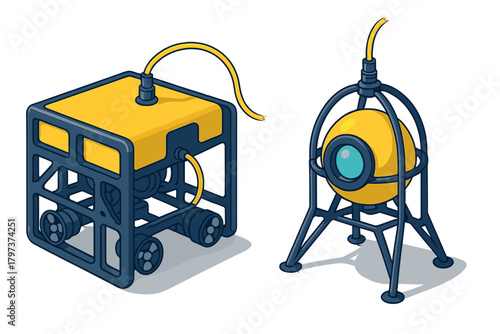 Two remote operated vehicles for underwater exploration and inspection technology in isometric view