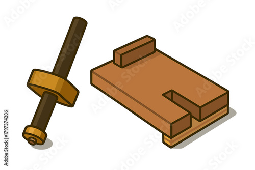 Traditional woodworking tools set featuring a marking gauge and a piece of wood joint