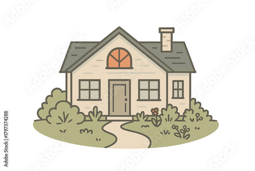 Cozy suburban house exterior with front yard landscaping and winding pathway