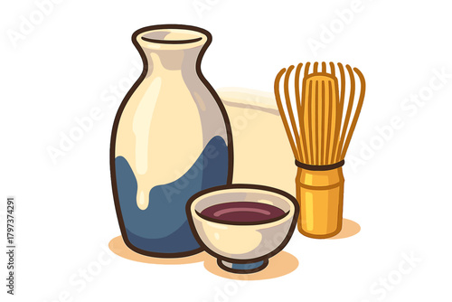 Japanese ceramic flask and cup with a bamboo whisk used for traditional beverage preparation