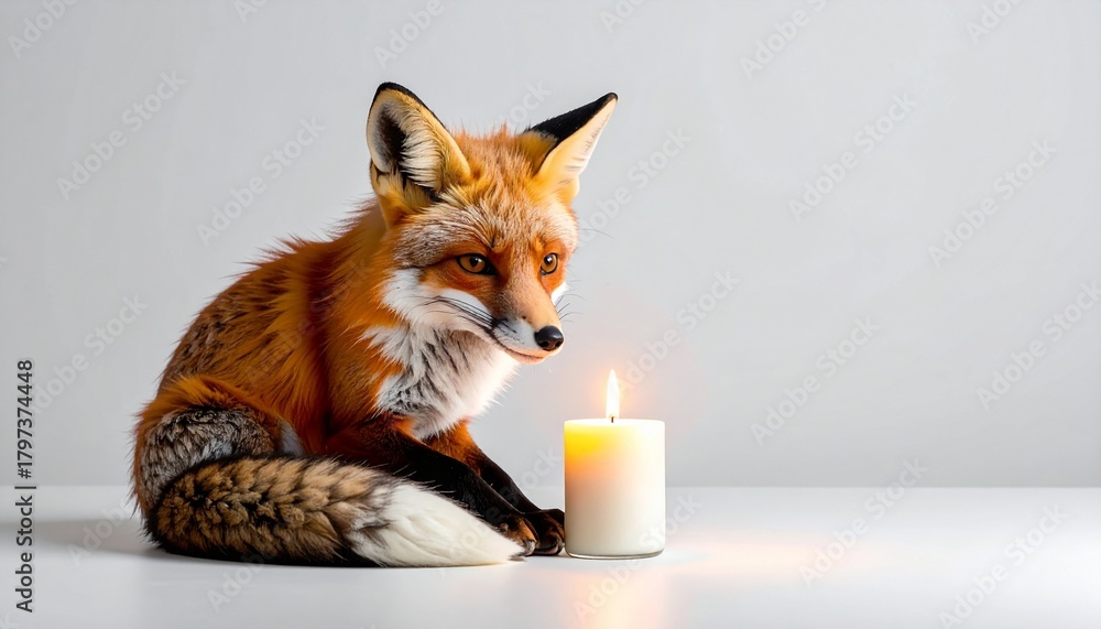 Obraz premium Red Fox and Candlelight Still Life Minimalist Animal Portrait for Print or Web Background With Copy Space.