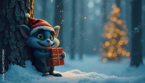 Blue creature with gift in snowy forest