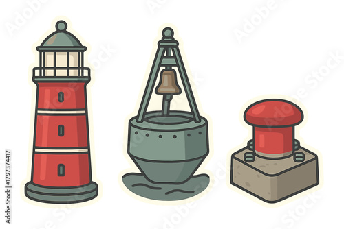 Classic red lighthouse, bell buoy, and mooring bollard nautical navigation set
