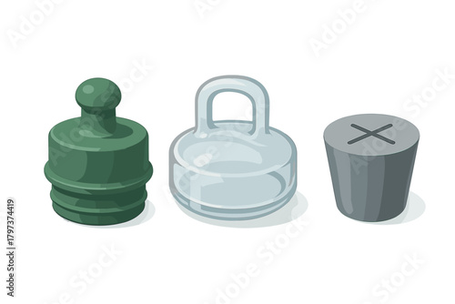 Various bottle stoppers and plugs made of plastic, glass, and rubber materials for sealing containers