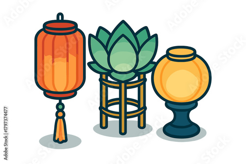 Traditional Asian festival lights including a hanging lantern, lotus flower lamp, and pedestal light