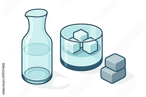 Glass carafe and tumbler with ice cubes for cold drinks and refreshment