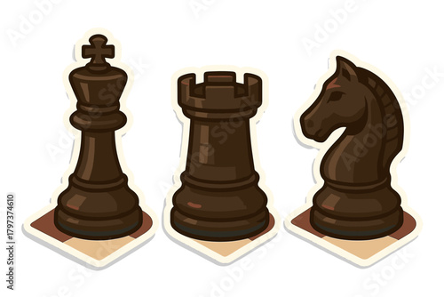 Stylized dark brown chess pieces featuring King Rook and Knight game icons