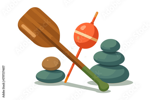Stylized wooden paddle crossed with fishing bobber next to balanced river stones