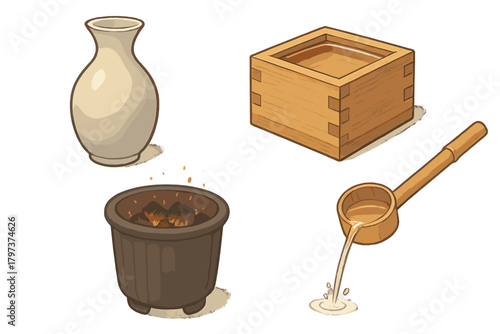 Traditional Japanese sake serving set with tokkuri flask, masu cup, ladle, and charcoal brazier