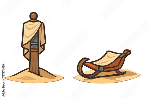 Stylized ancient Egyptian sled and wrapped figure standing on sandy ground