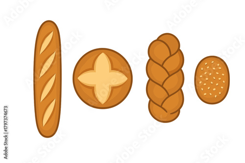 Assortment of freshly baked bread loaves including baguette, braided challah, and round rustic bun