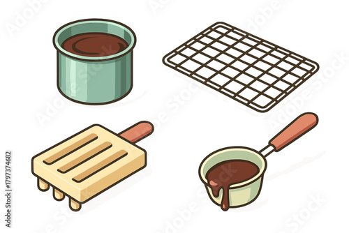 Chocolate dipping ingredients and tools in isometric view including sauce, cooling rack, and frozen dessert