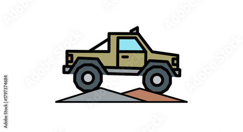 Khaki off-road pickup truck with a roll bar driving over uneven terrain.