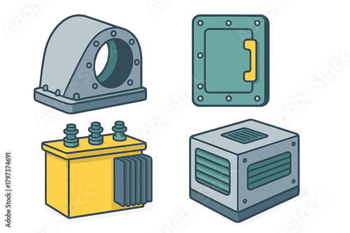 Isometric collection of industrial machinery parts including transformer, metal casing, access panel, and ventilation box