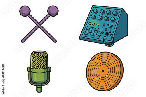 Retro style music production equipment featuring synthesizer, microphone, mallets, and vinyl record