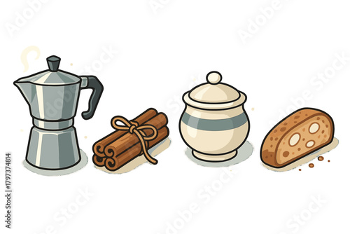 Classic Italian coffee setup with Moka pot, cinnamon sticks, sugar bowl, and biscotti cookie