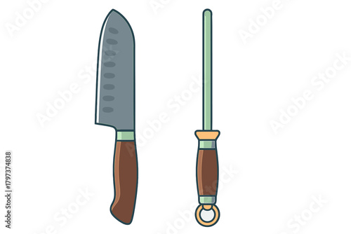 Professional chef's knife with wooden handle and sharpening steel kitchen tool set