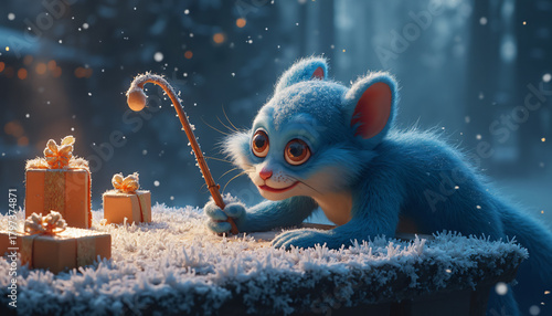Blue Creature and Gifts in Snow