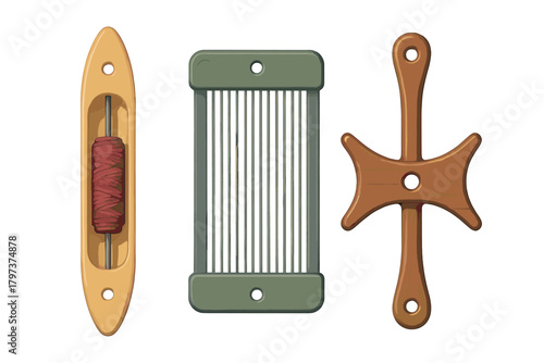 Essential hand weaving equipment featuring shuttle, reed, and wooden needle accessories