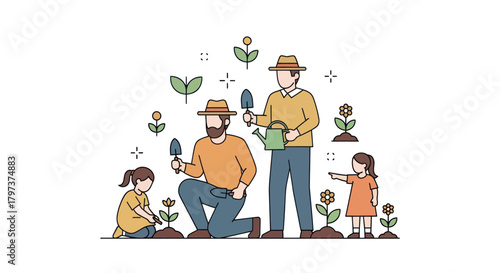 Family Gardening Together: Adults and Children Planting Seedlings with Tools.