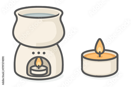 Ceramic aroma oil burner with water bowl and lit tea light candle for home fragrance and spa
