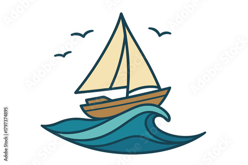 Stylized sailboat navigating large blue ocean waves with flying seagulls