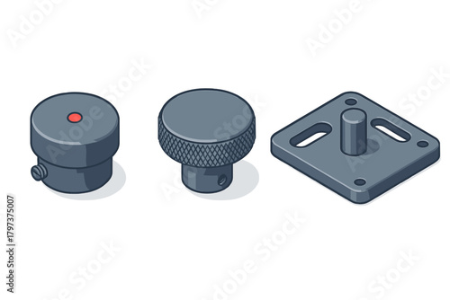 Isometric mechanical components set featuring control knobs and a square mounting base