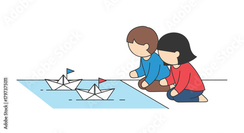 Cute Cartoon Children Playing with Handmade Paper Boats on Water.