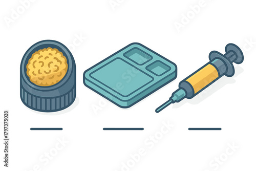 Soldering flux container, compartmental tray, and medical syringe in isometric view